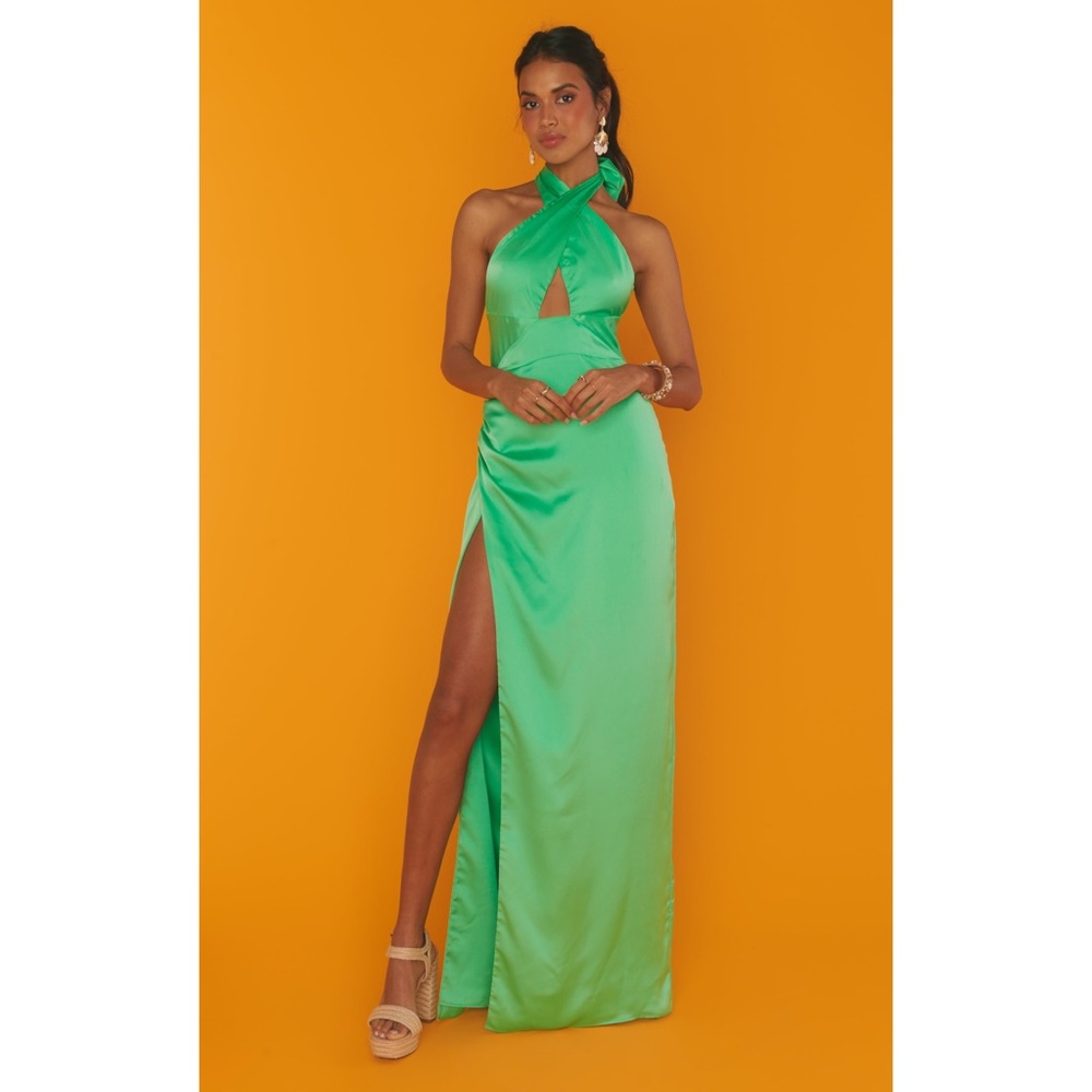 Show Me Your Mumu Adele Halter Maxi in Kiwi Luxe Satin size XS